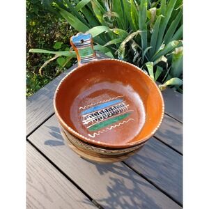 Vintage Tlaquepaque Mexican Pottery, Hand-painted redware bowl with a handle MCM